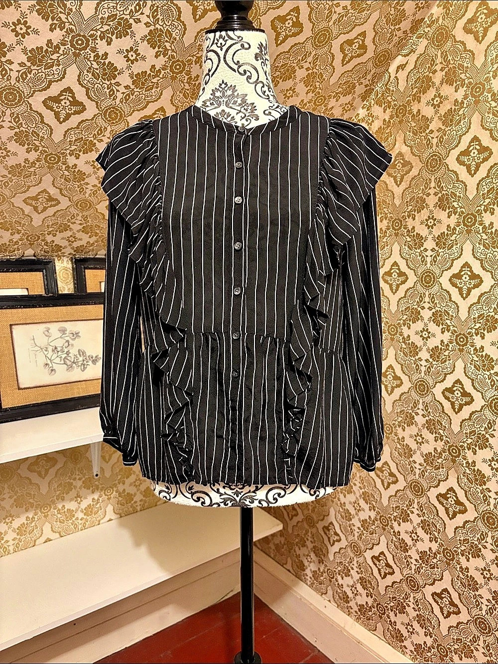 Madewell Silk Ruffle-Front Blouse in Pinstripe Black & White Medium